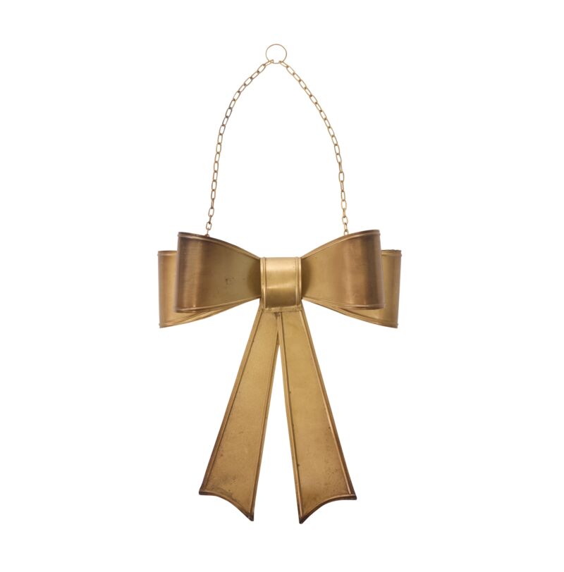 Aged brassy metal Bow Wreath with gold chain, decorative holiday bow for door or wreath display, vintage-inspired holiday décor.