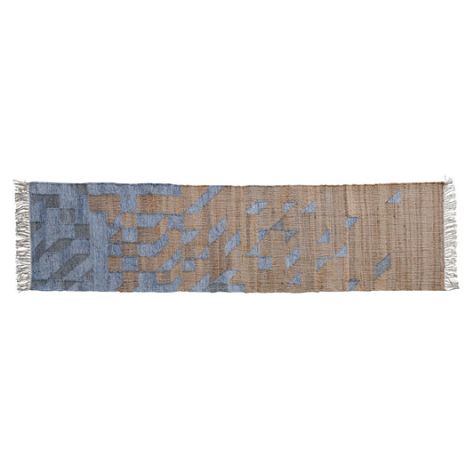 Jute & Cotton Kilim Embroidered Floor Runner w/ Fringe, Blue & Natural