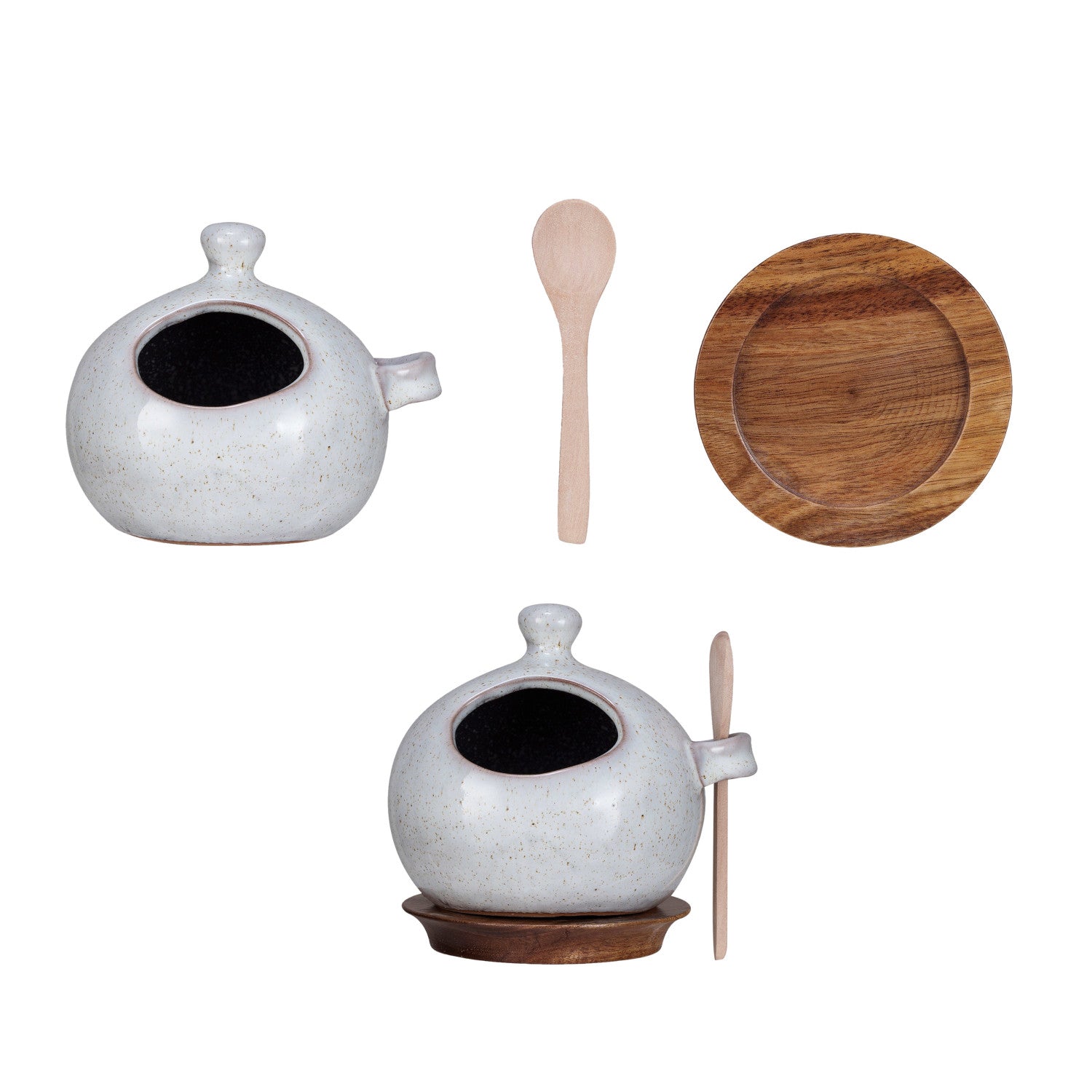 Stoneware Salt Jar w/ Wood Spoon & Base, Set of 3 (Each One Will Vary)