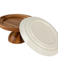 Stoneware Serving Dish with Acacia Wood Pedestal