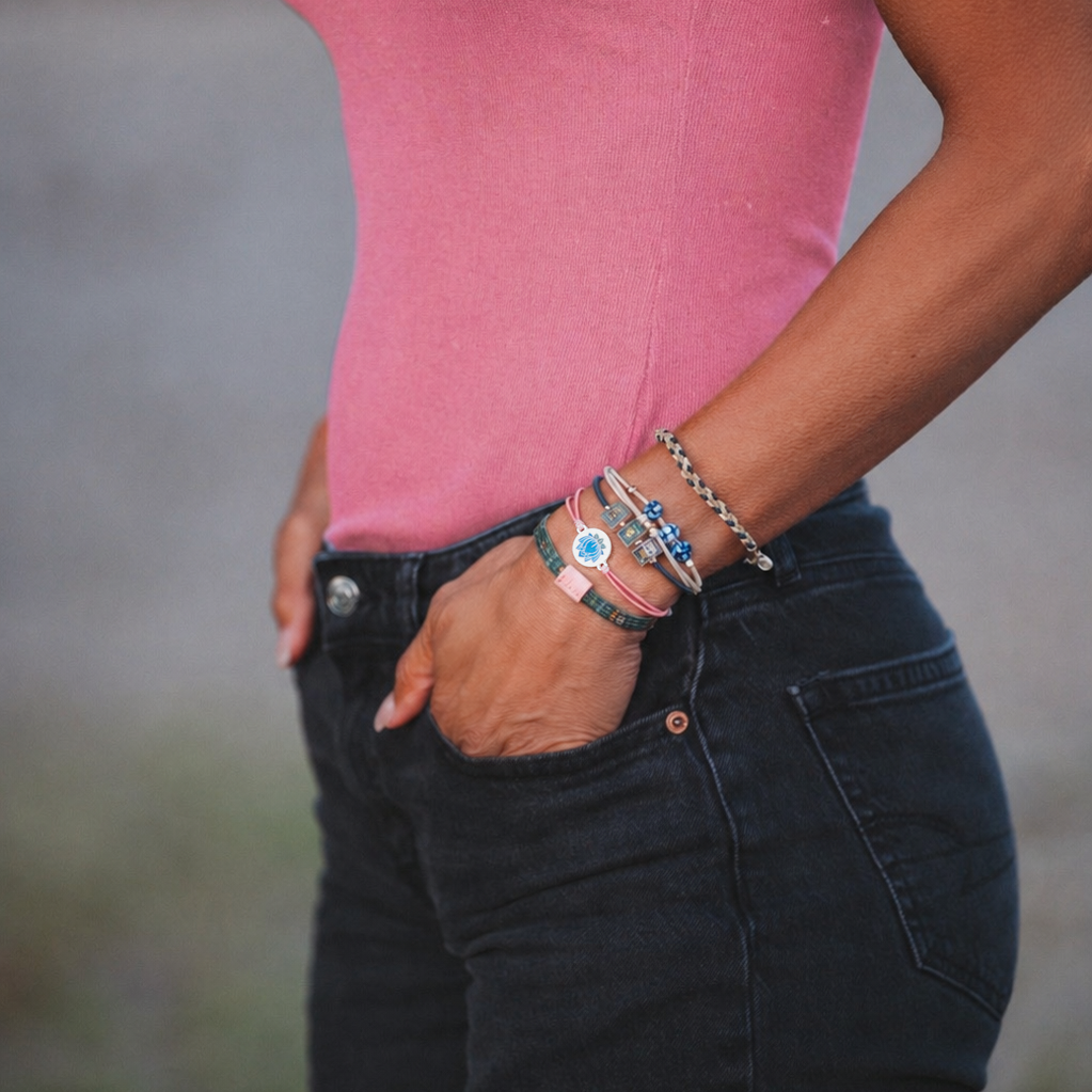 "Mahjong" Themed in Pink, Green &amp; Blue with Lotus &amp; Tile Accent Hair Tie Bracelets