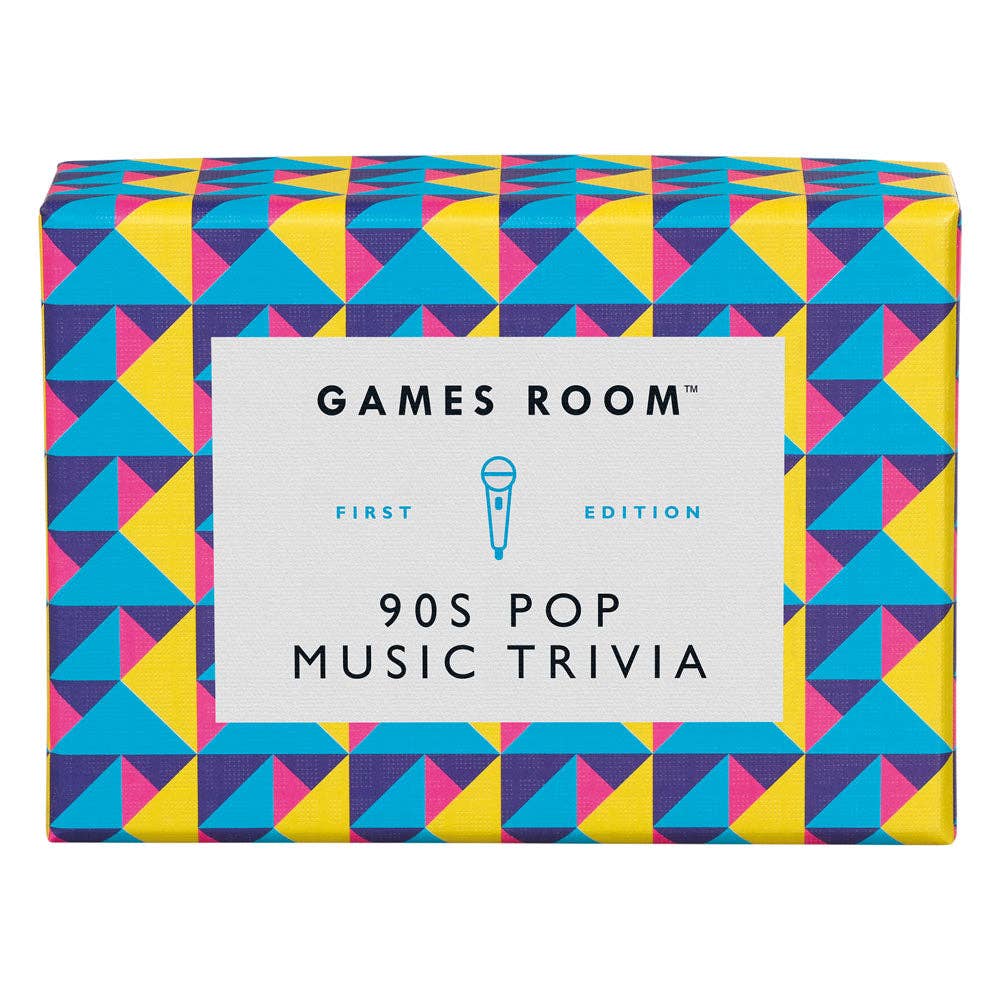 “90’s Pop Music Trivia Game with 140 question cards in colorful geometric box”