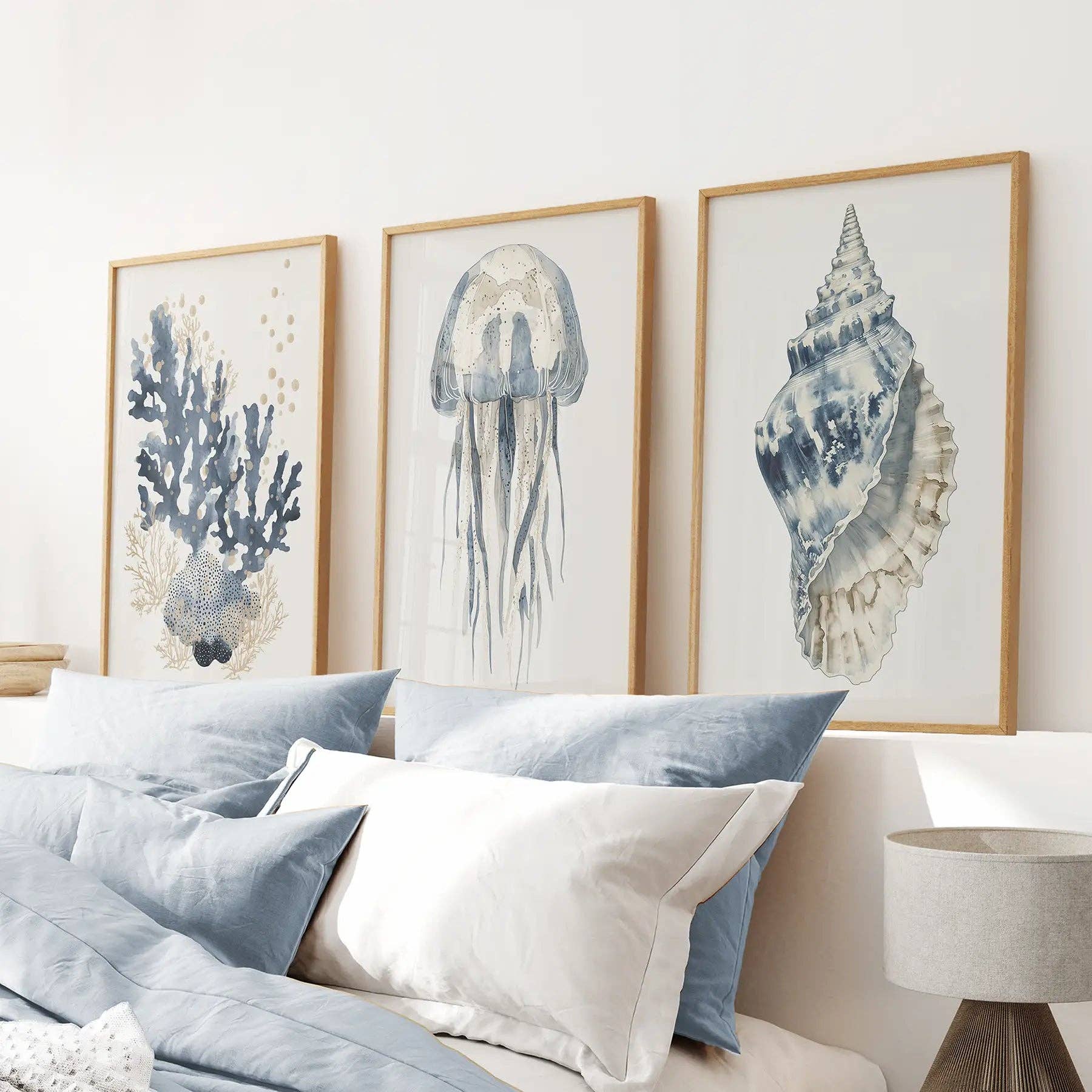 Beach House Nautical Wall Art. Blue Coral, Jellyfish, Shell
