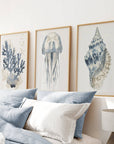 Beach House Nautical Wall Art. Blue Coral, Jellyfish, Shell