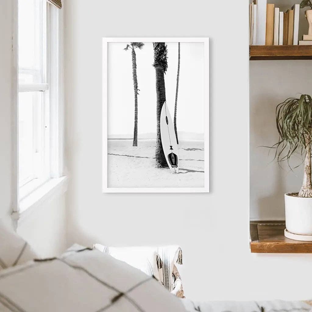 Black White Boho Summer Poster. Surfboard, Palm Trees