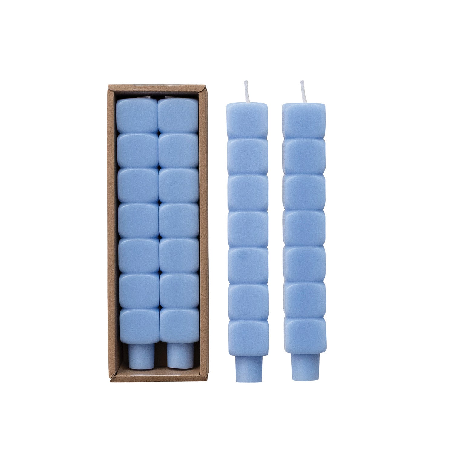 Unscented Stacked Blocks Shaped Taper Candles in Box, Blue, Set of 2