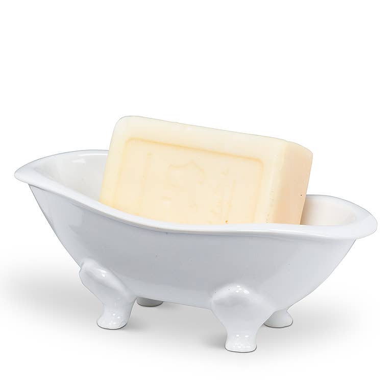 White ceramic bathtub-shaped soap dish for bathroom sink décor