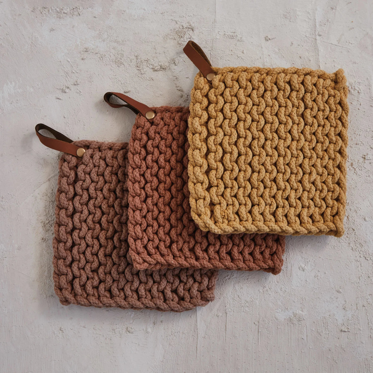 Cotton Crocheted Pot Holder with Leather Loop – Cream, Brown &amp; Tan