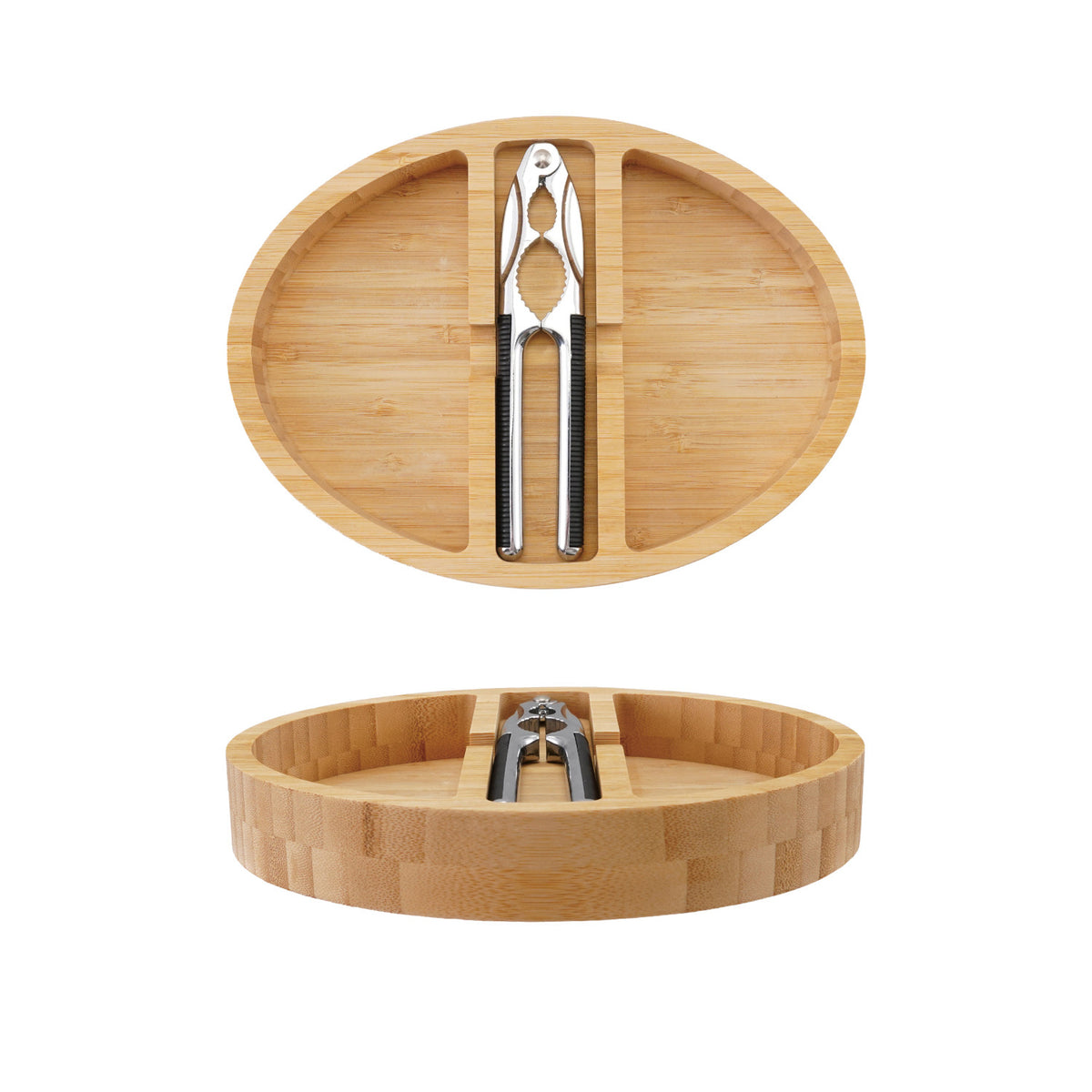 2-Section Bamboo Nut Tray with Zinc Alloy Nutcracker – Natural, 2-Piece Set