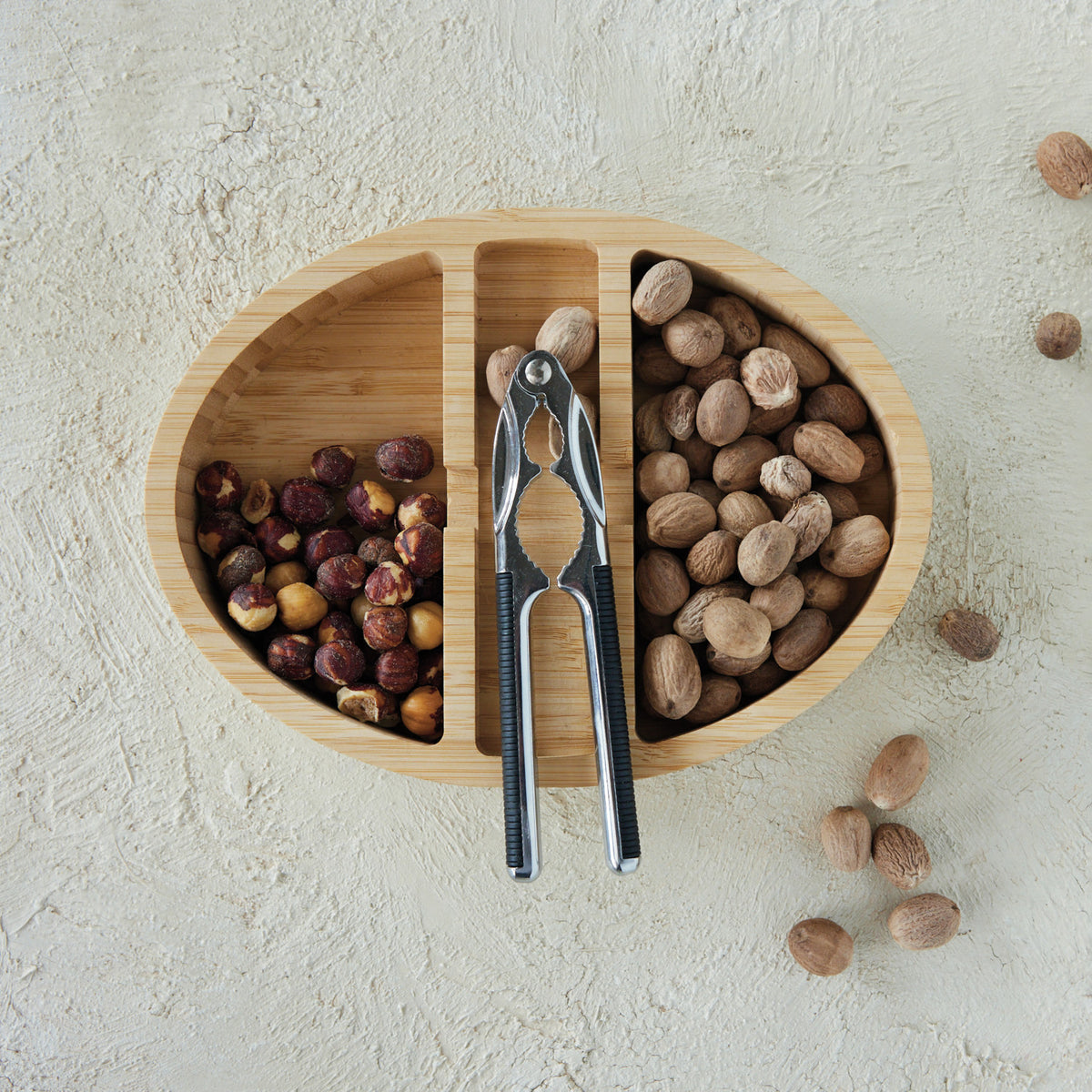 2-Section Bamboo Nut Tray with Zinc Alloy Nutcracker – Natural, 2-Piece Set