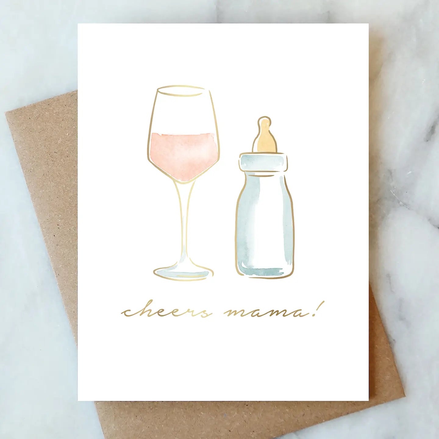 Cheers Mama Greeting Card with watercolor design and kraft envelope — perfect for new moms and baby showers