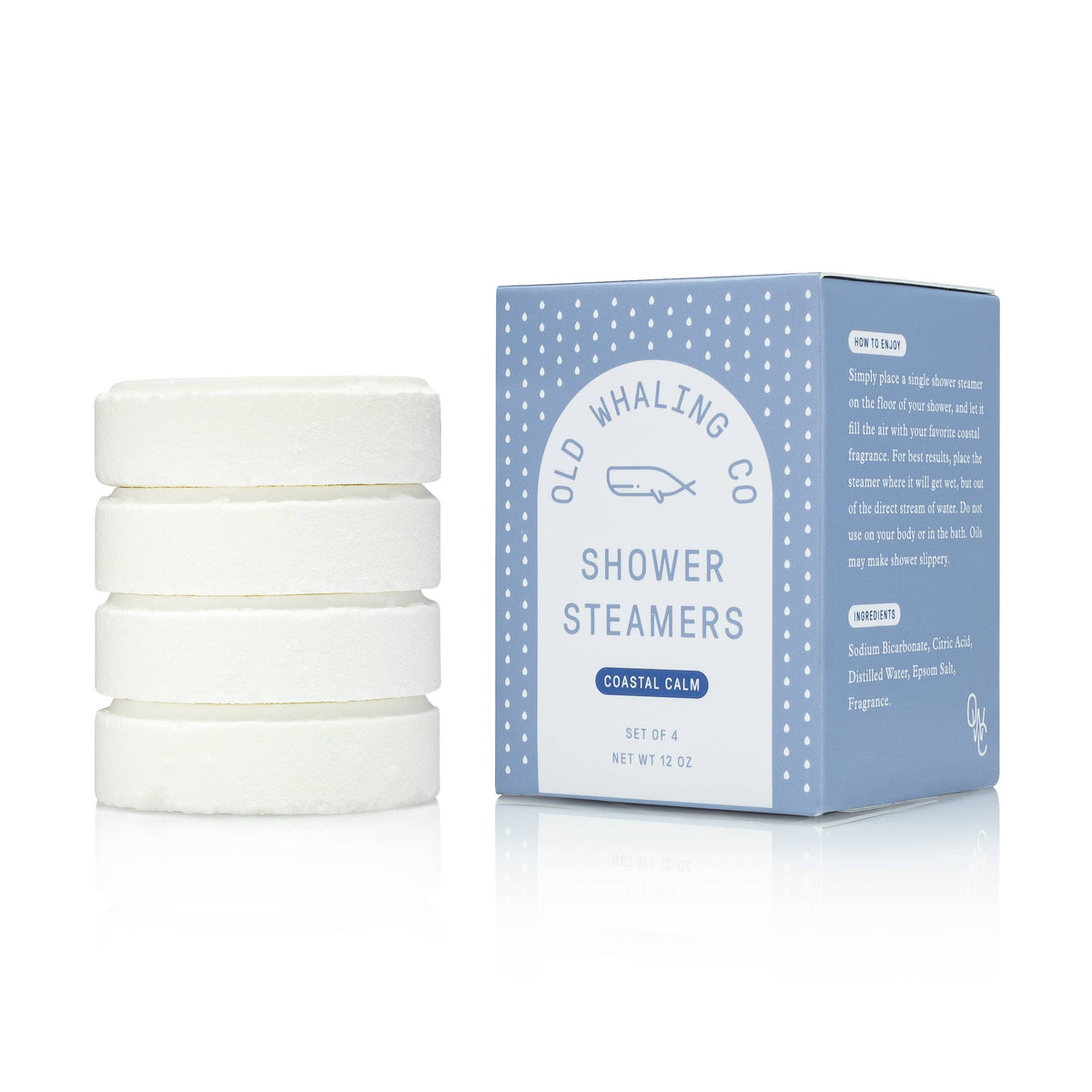 Coastal Calm® shower steamers, 4-pack, 3oz each. Aromatherapy blend of ocean breeze, coastal grass, lily, driftwood, and sandalwood.