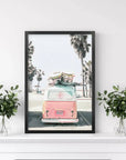 Pink Vintage Van Print. Tropical Summer Surfing Wall Art
