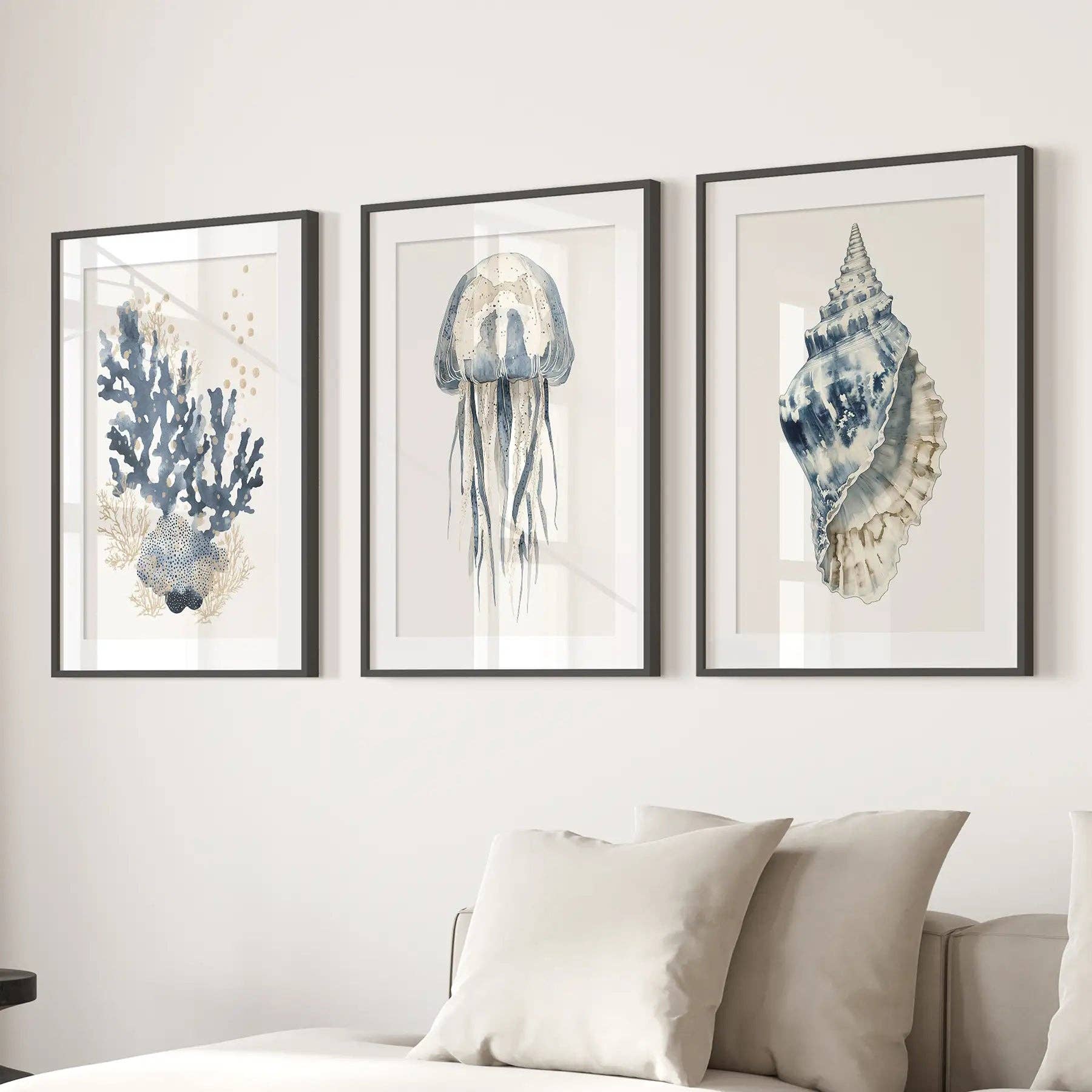 Beach House Nautical Wall Art. Blue Coral, Jellyfish, Shell