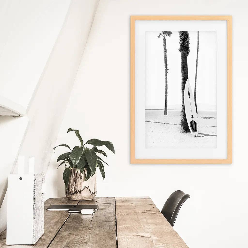 Black White Boho Summer Poster. Surfboard, Palm Trees