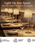 Rechargeable Table Lamp Pleat Shade Taup, Gold Diamond Stem