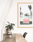 Pink Vintage Van Print. Tropical Summer Surfing Wall Art