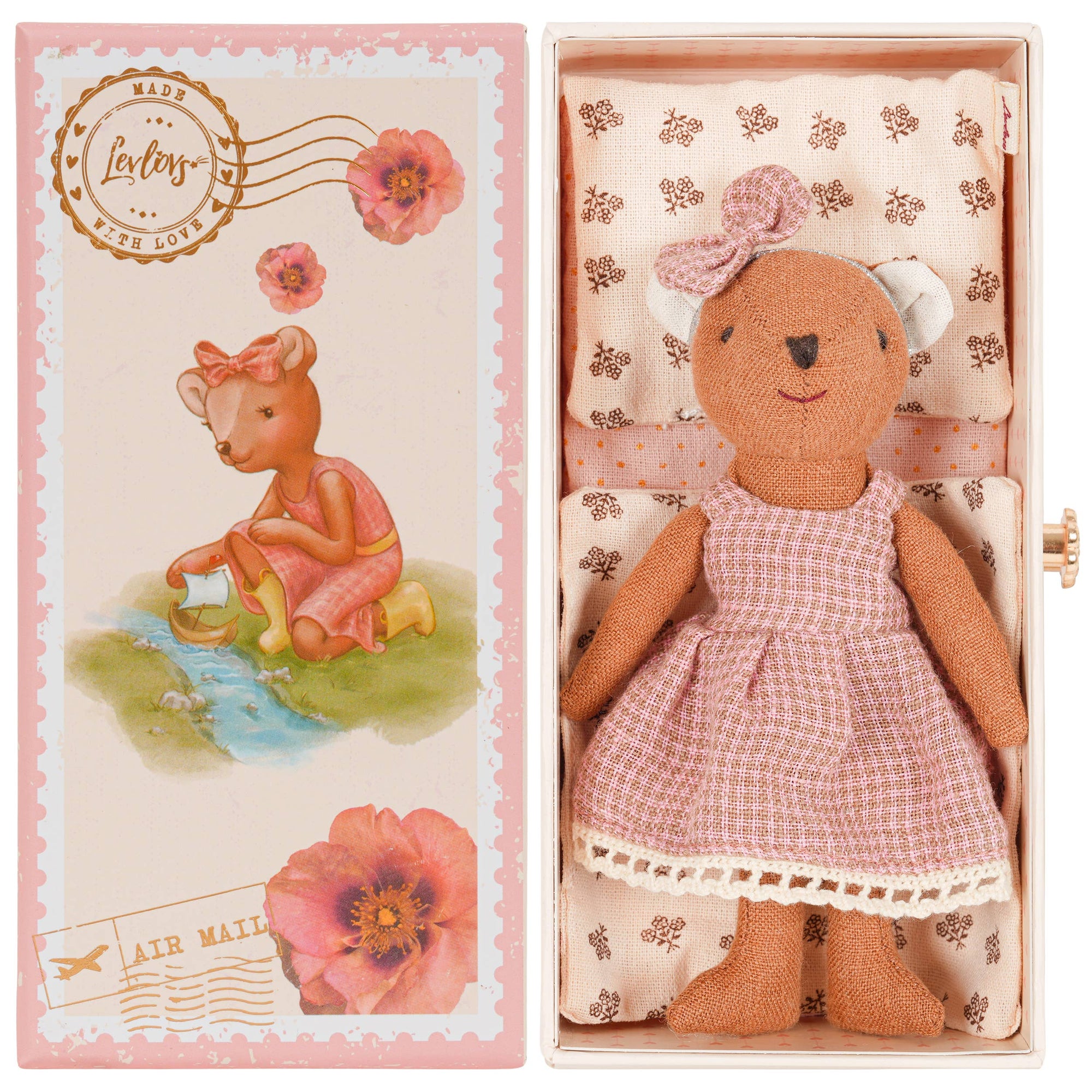 Levlovs Bear Plush Doll in Keepsake Air Mail Box | Linen Soft Toy &amp; Gift for Children
