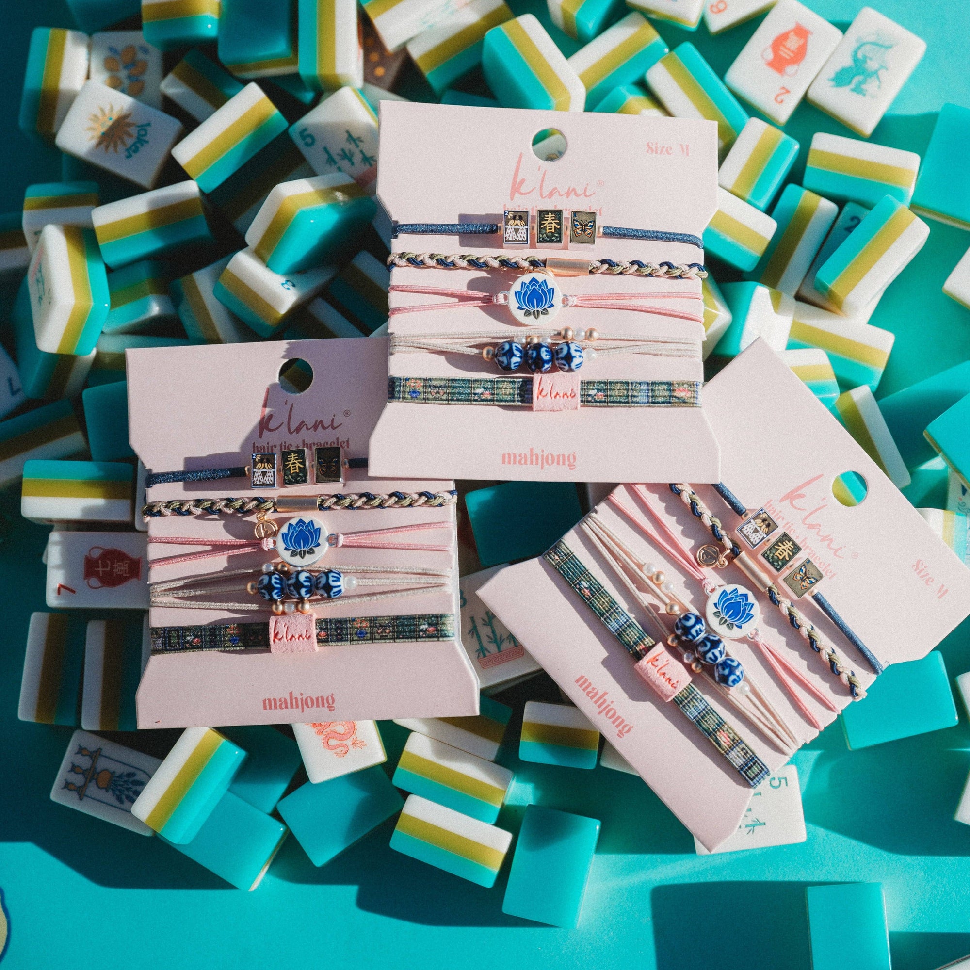 "Mahjong" Themed in Pink, Green &amp; Blue with Lotus &amp; Tile Accent Hair Tie Bracelets
