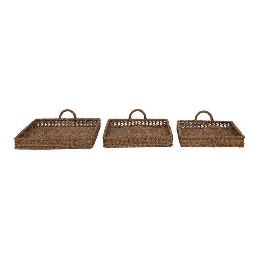 Decorative Hand-Woven Trays with Handles, Set of 3