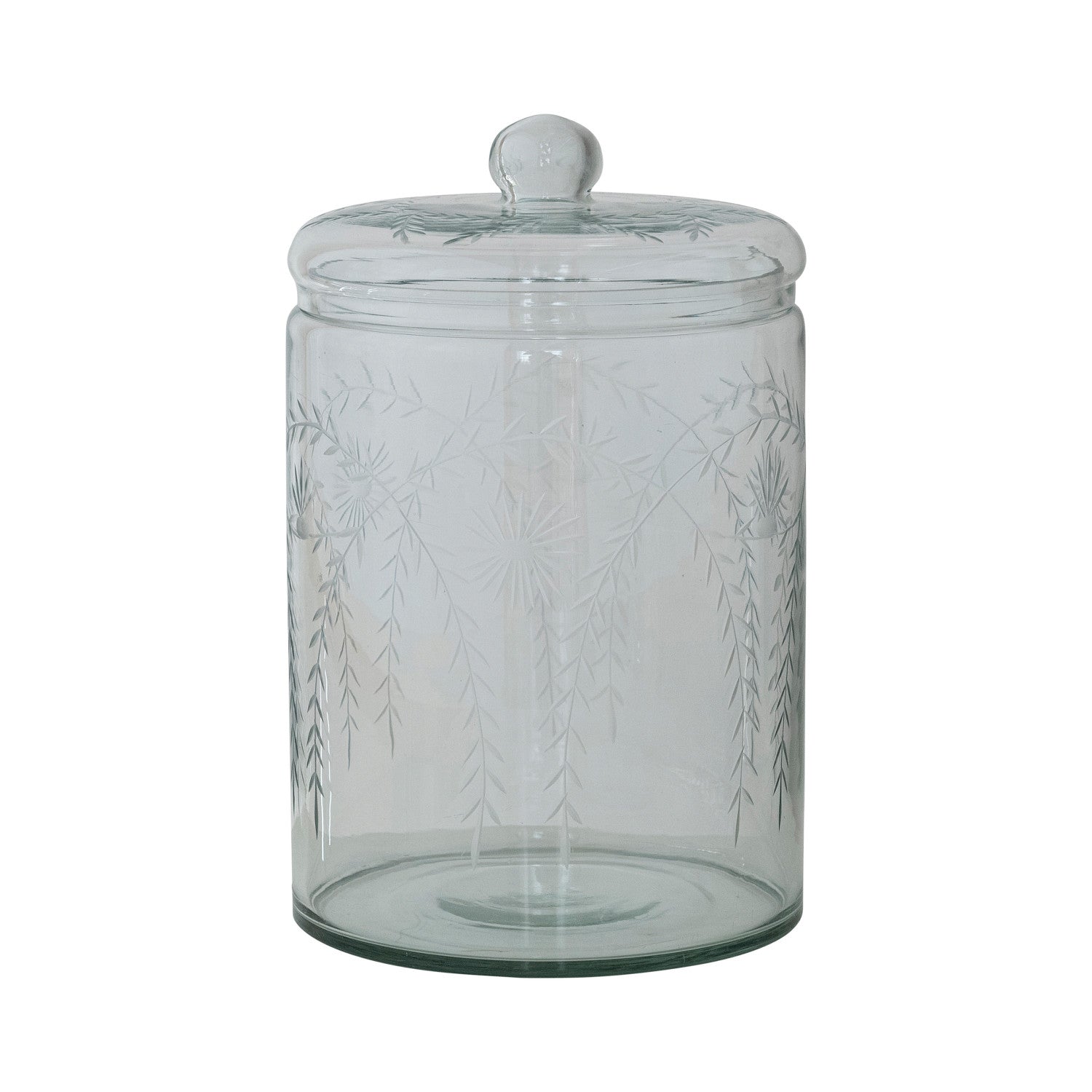 7-1/4 Quart Hand-Blown Glass Jar with Etched Botanicals & Lid