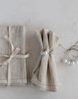 Cotton & Linen Napkins with Border Stitch, Natural, Set of 4 Tied with Cotton Tape