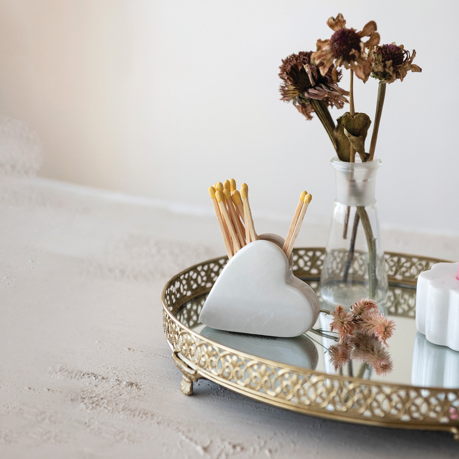 Stoneware Heart Shaped Match Holder with Striker – White
