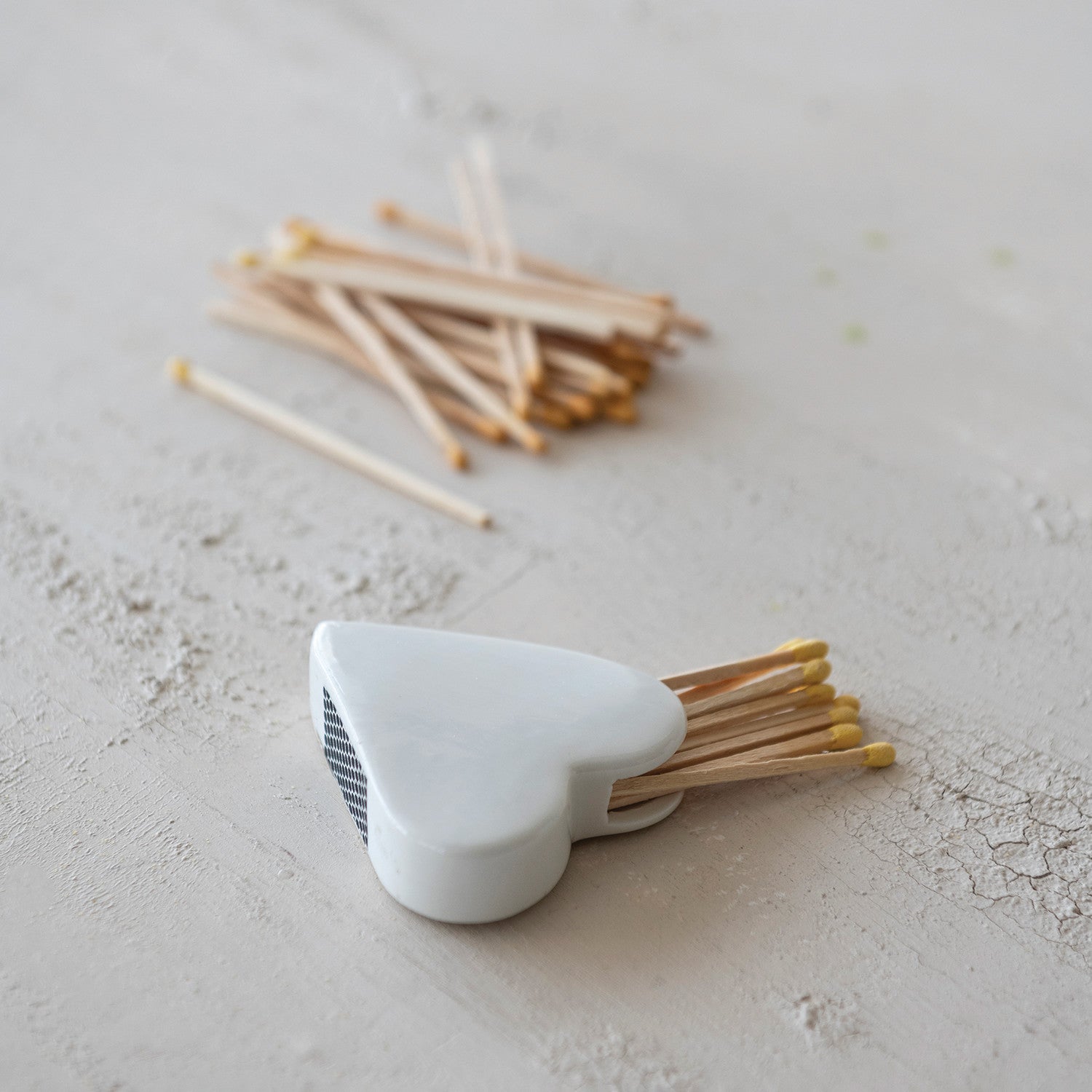 Stoneware Heart Shaped Match Holder with Striker – White