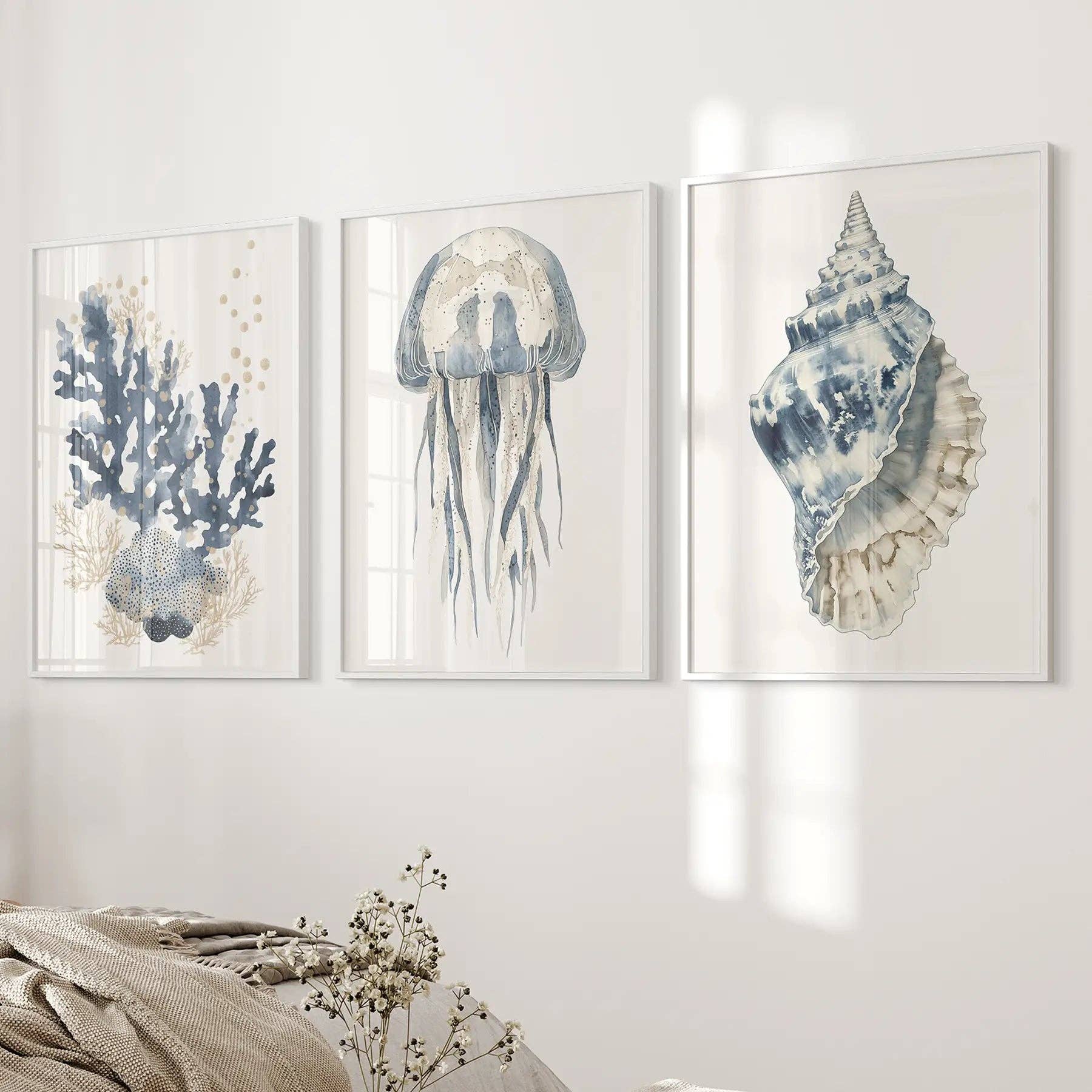 Beach House Nautical Wall Art. Blue Coral, Jellyfish, Shell