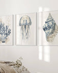 Beach House Nautical Wall Art. Blue Coral, Jellyfish, Shell