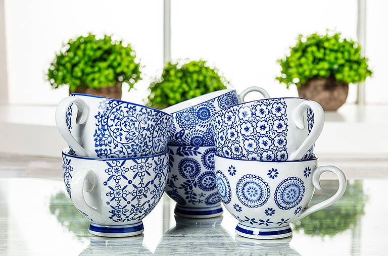 Blu/Wht Handled Cup-6 Asst-4.5"D-1483