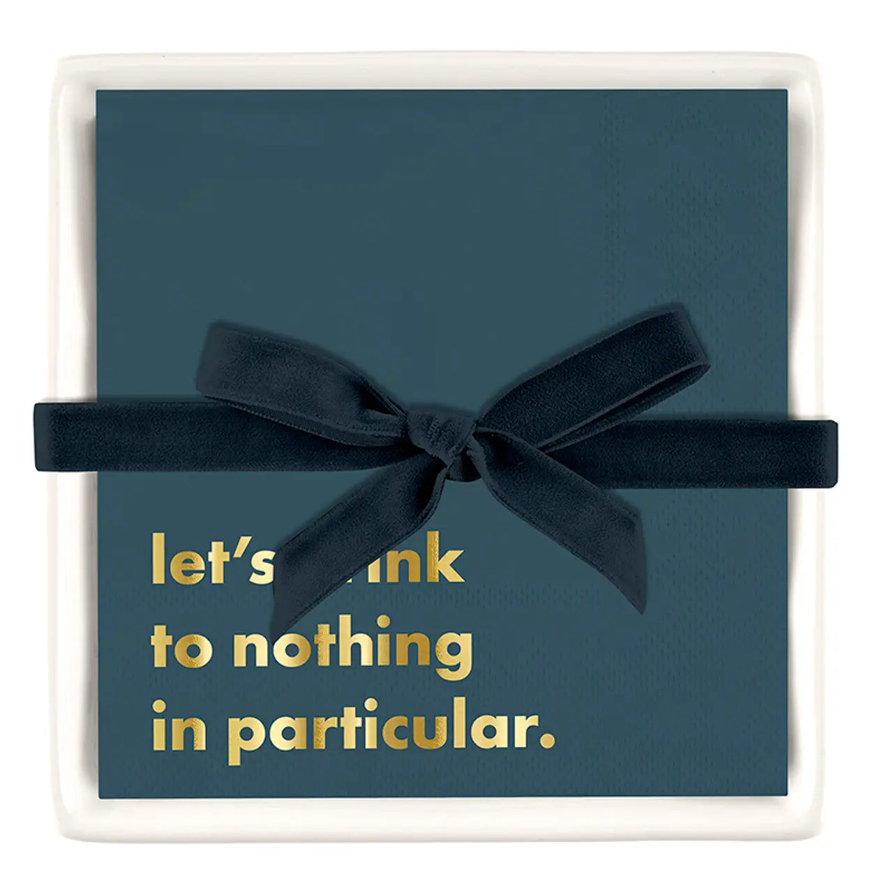 Elegant napkin holder gift set featuring Let’s Drink cocktail napkins and ribbon accent