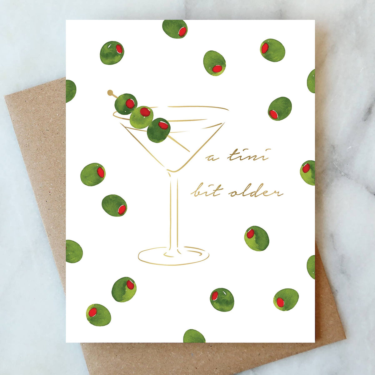 Martini Olives Birthday Greeting Card | Watercolor with Gold Foil