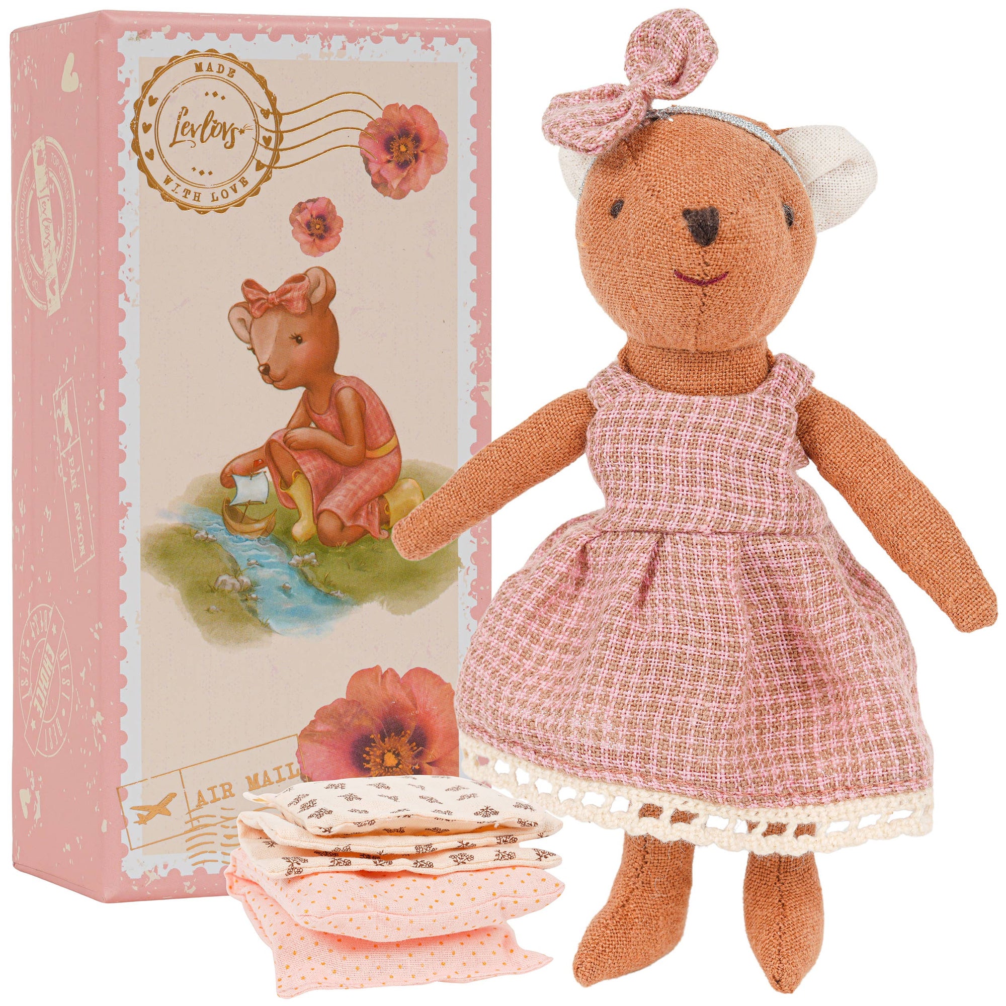 Levlovs Bear Plush Doll in Keepsake Air Mail Box | Linen Soft Toy &amp; Gift for Children