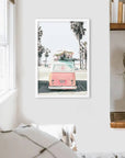Pink Vintage Van Print. Tropical Summer Surfing Wall Art