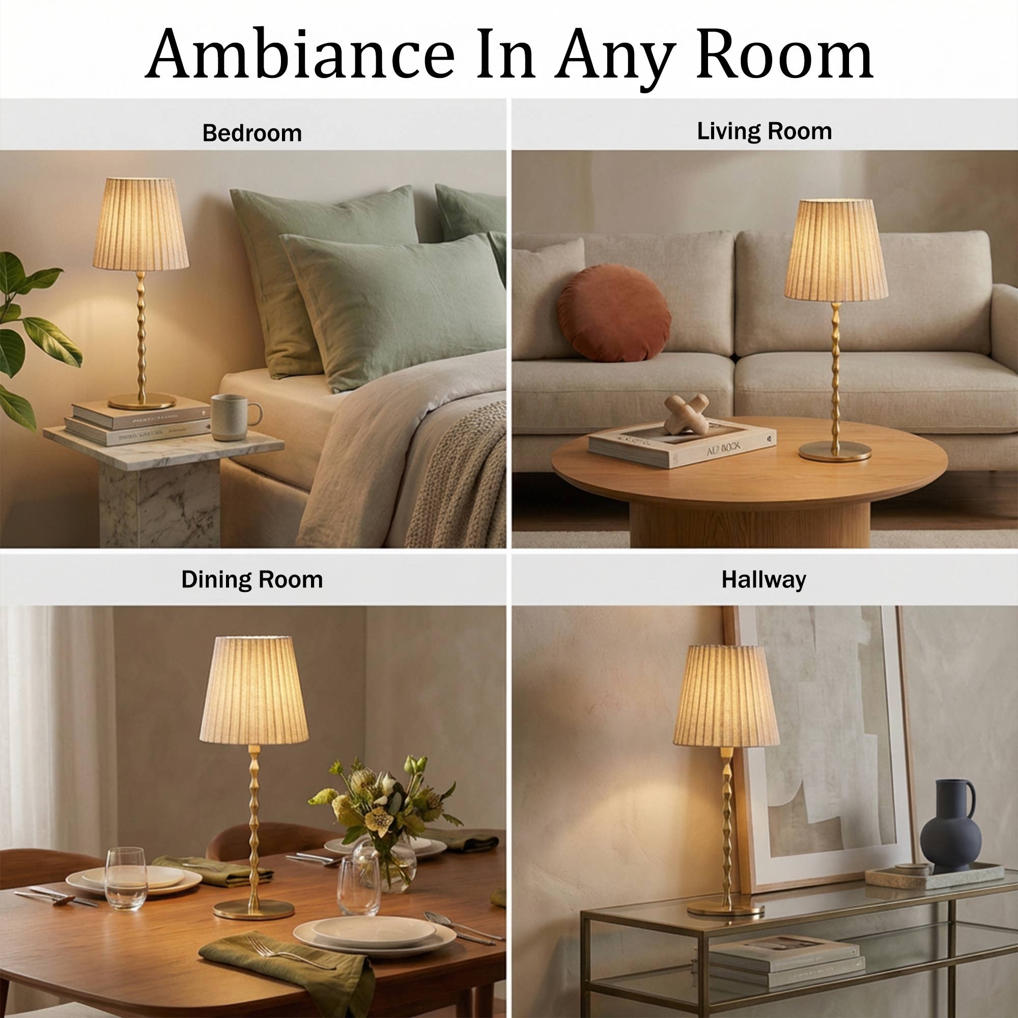 Rechargeable Table Lamp Pleat Shade Taup, Gold Diamond Stem