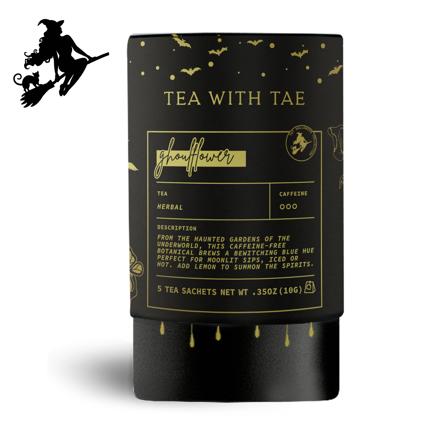 GHOULFLOWER caffeine-free tea in mini tube with butterfly pea flower and tropical flavors