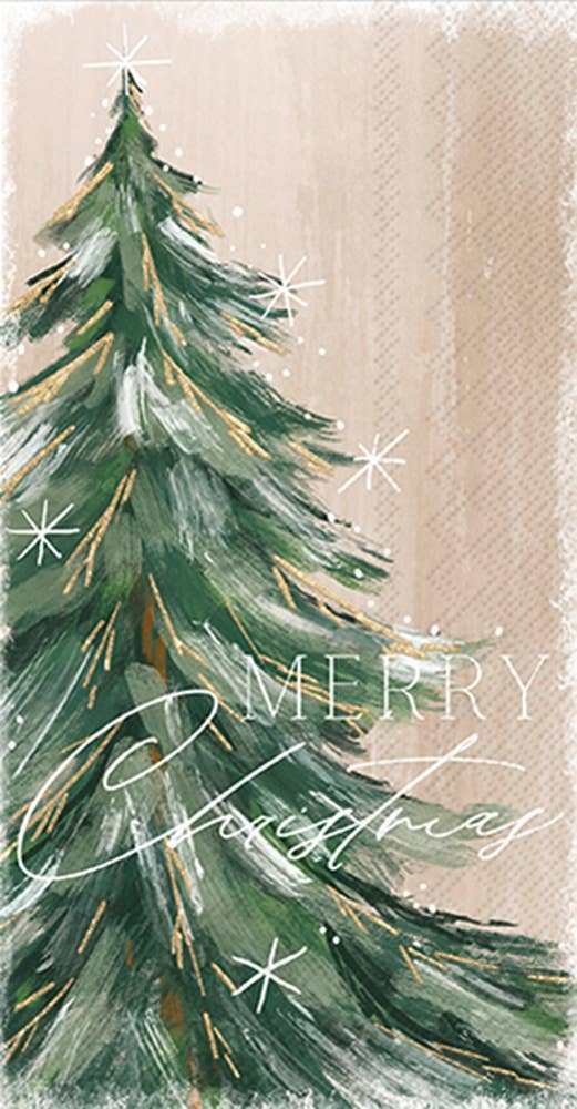 16-count Gilded Painterly Tree Christmas paper guest towels by IHR Boston International, 3-ply, made in Germany.