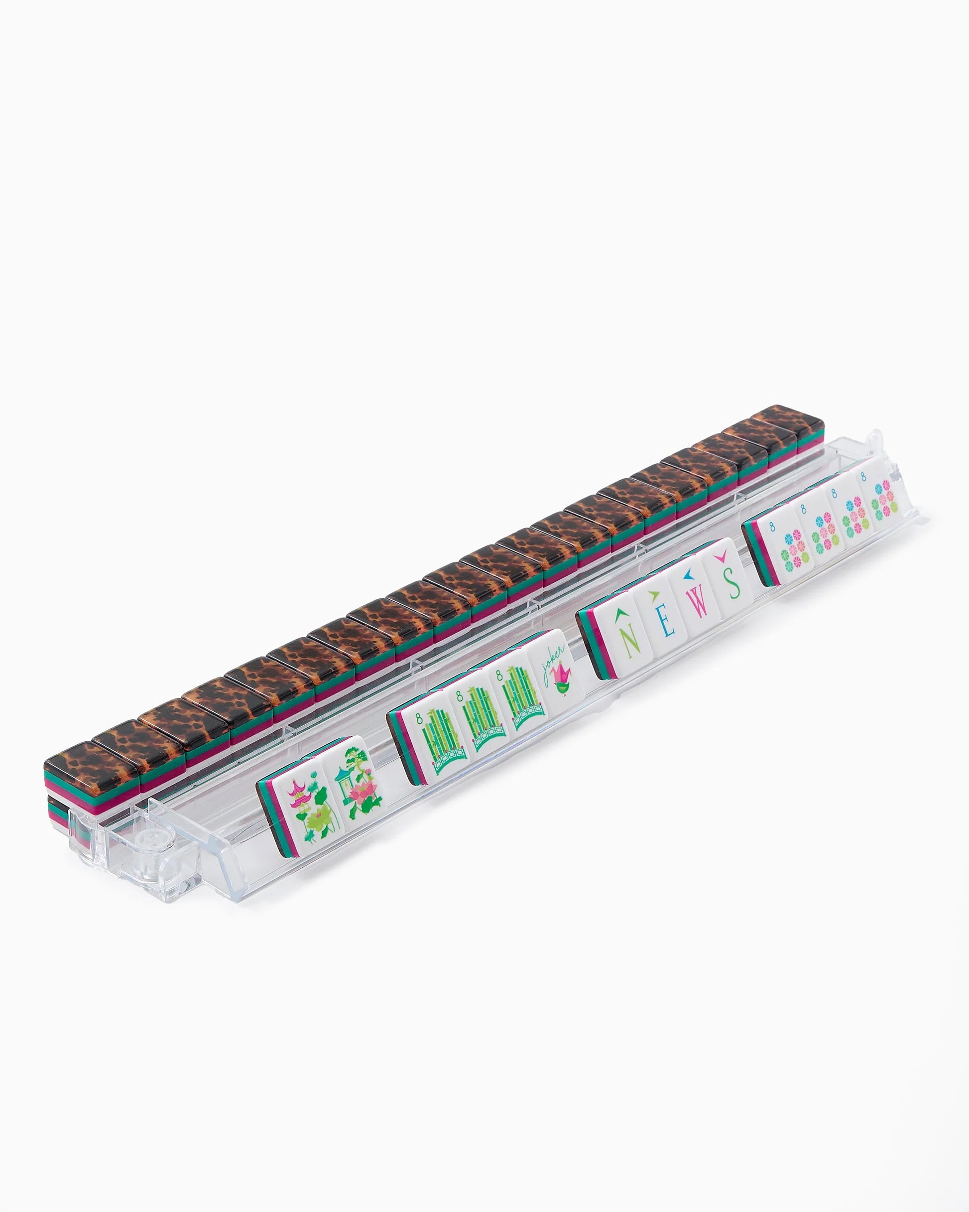 Rectangular container with a patterned top and colorful labels on a white background