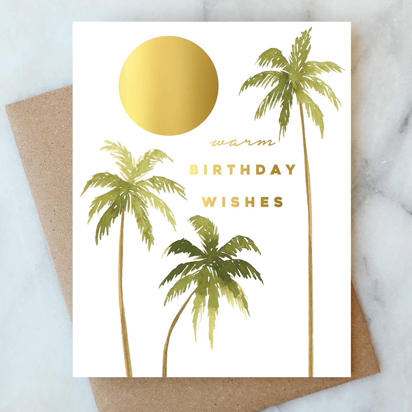 Hand-painted birthday card with golden sun, palm trees, and gold foil