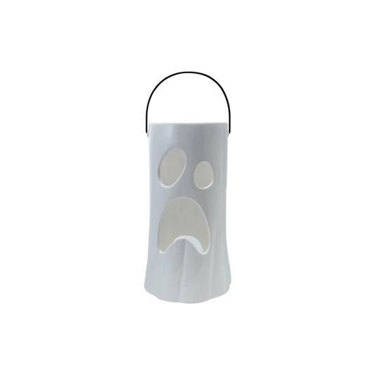 Ceramic Lantern with Cut-Out Ghost Face  - Large