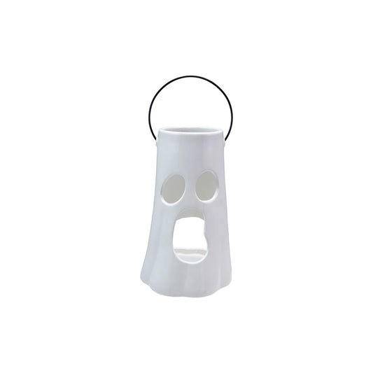 Ceramic Lantern with Cut-Out Ghost Face & Metal Handle  - Small