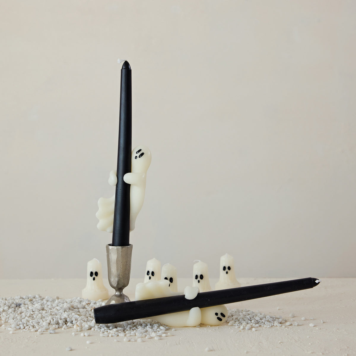 Black &amp; White Ghost Taper Candle Set – Halloween Décor