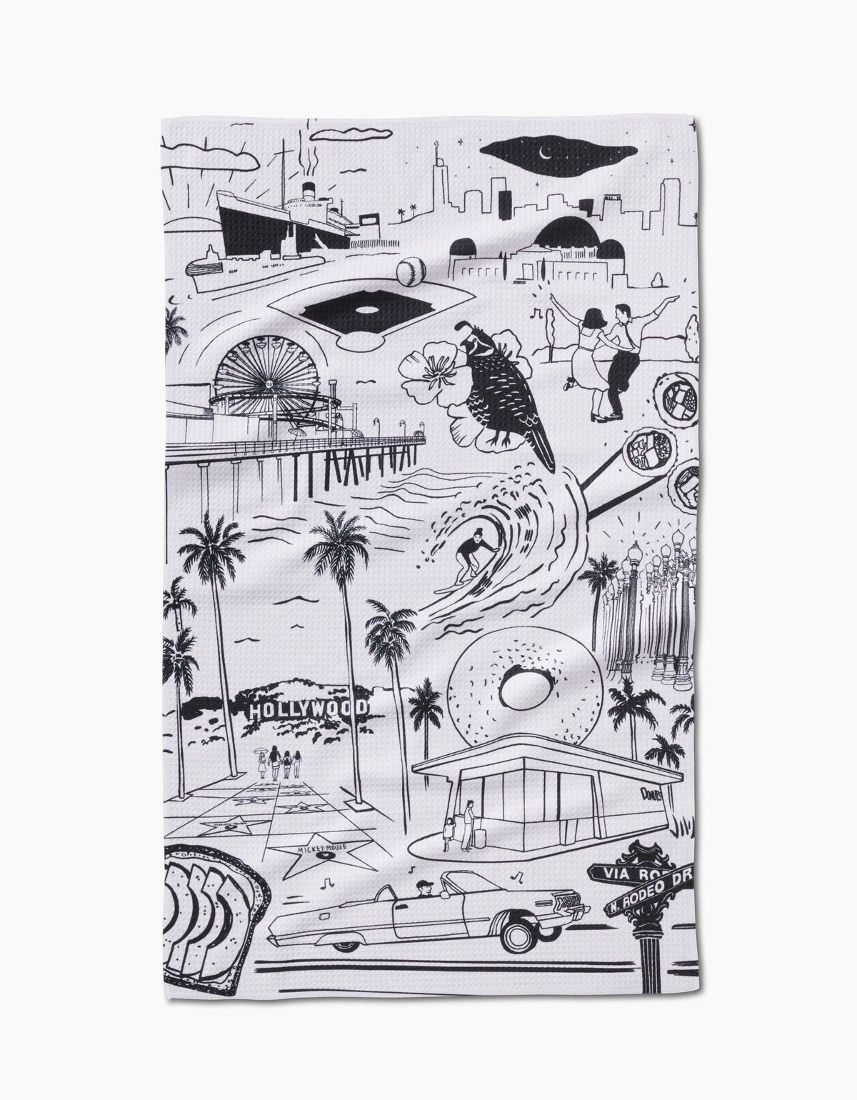 Los Angeles Tea Towel made from recycled polyester hanging in modern kitchen