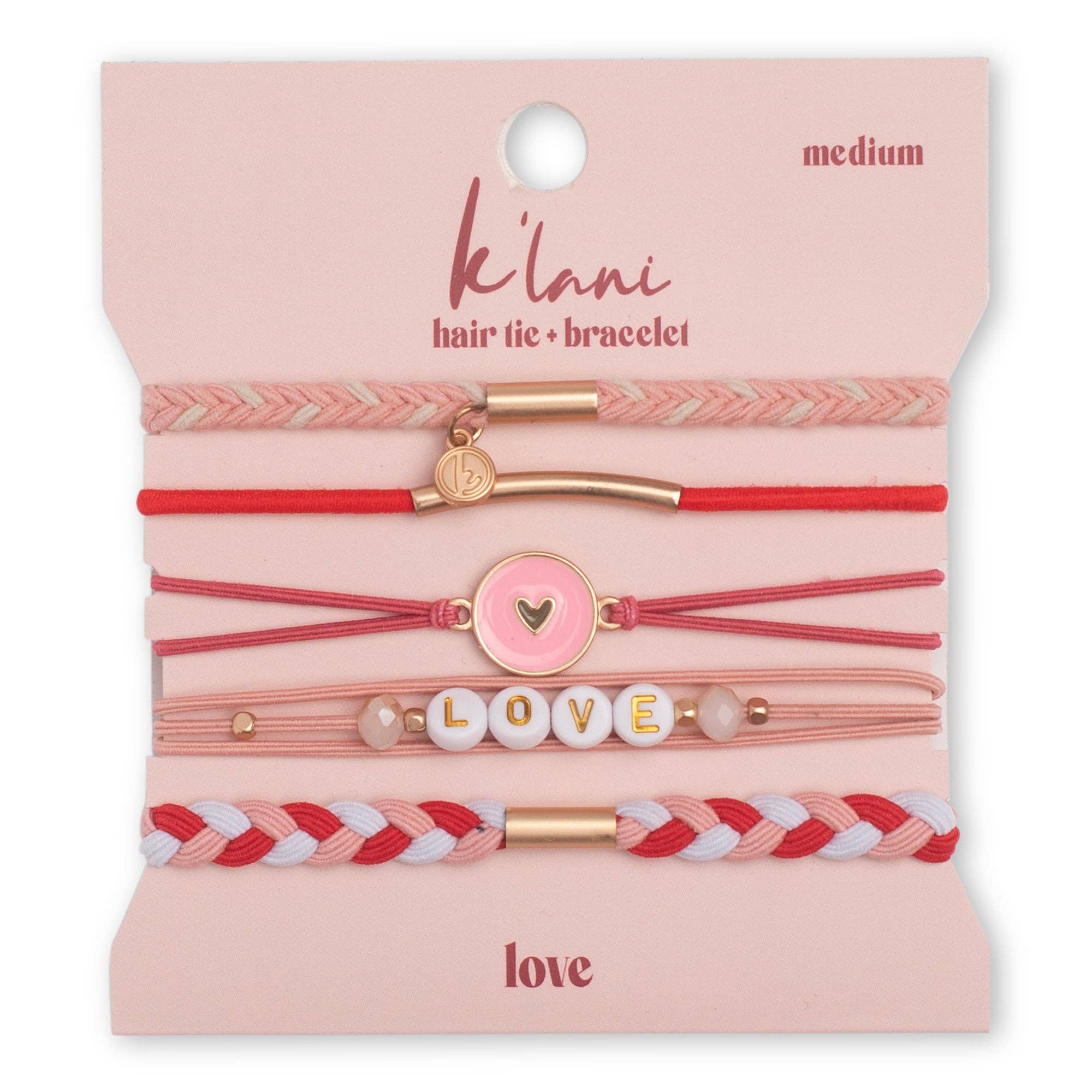 Love hair tie bracelet set in pink and red with heart charm, 5-pack