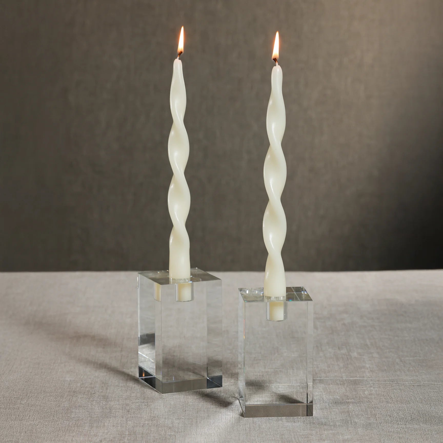 Set of 2 Lumiere Twist 12-inch taper candles, modern formal design for table décor, 6-hour burn time