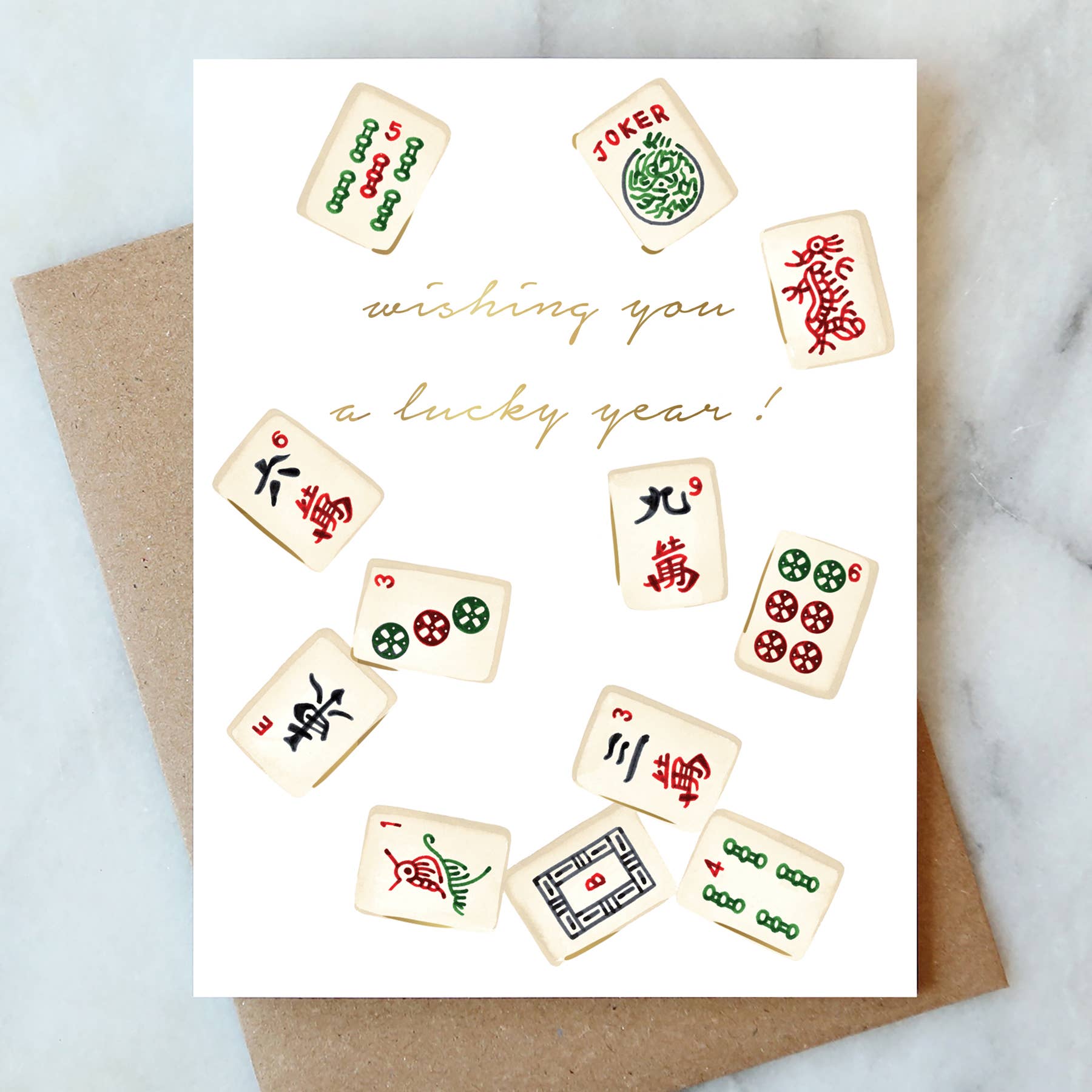 Hand-painted Mahjong birthday greeting card with gold foil accents
