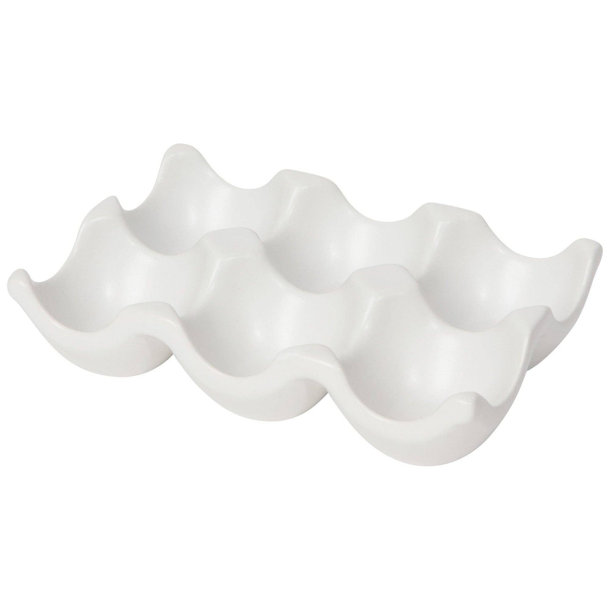 Matte white stoneware egg crate holding six eggs