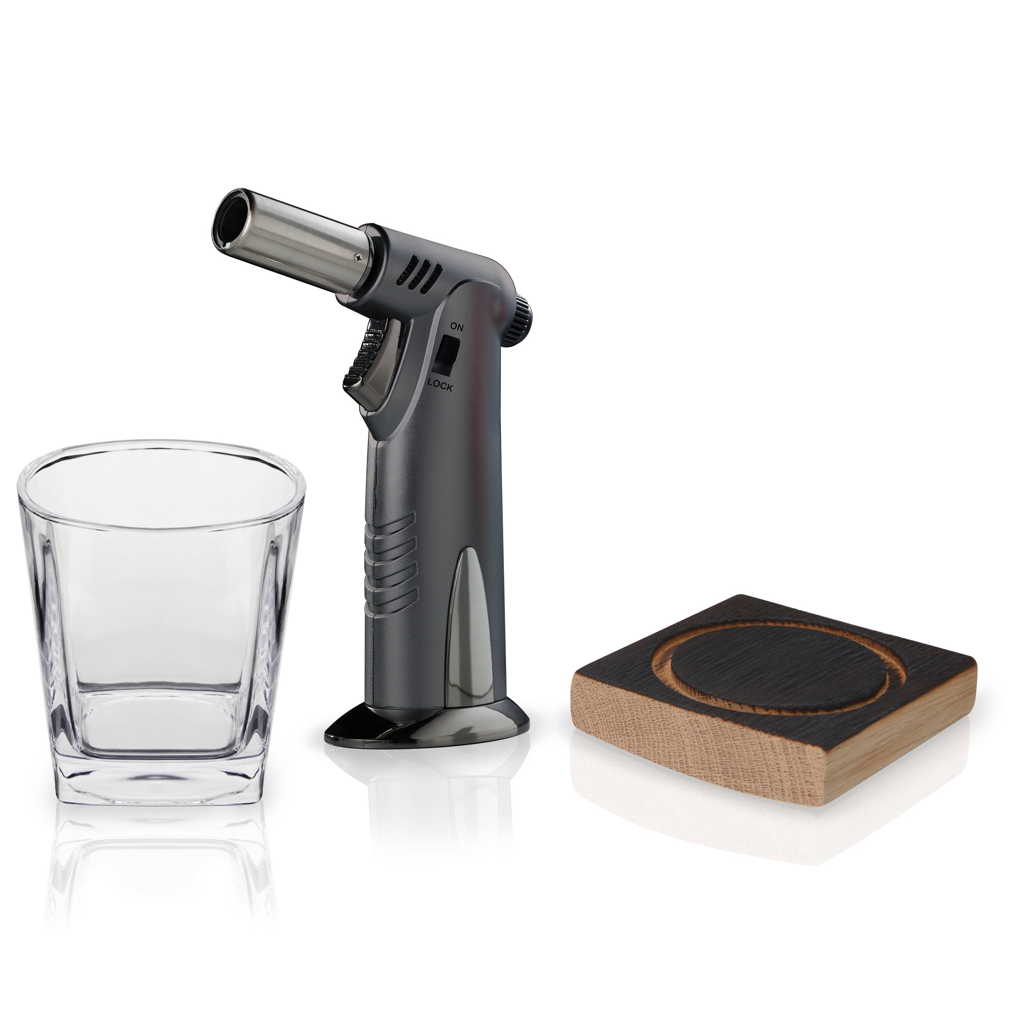 Oak barrel whiskey cocktail kit with lowball glass, American oak plank, and handheld torch
