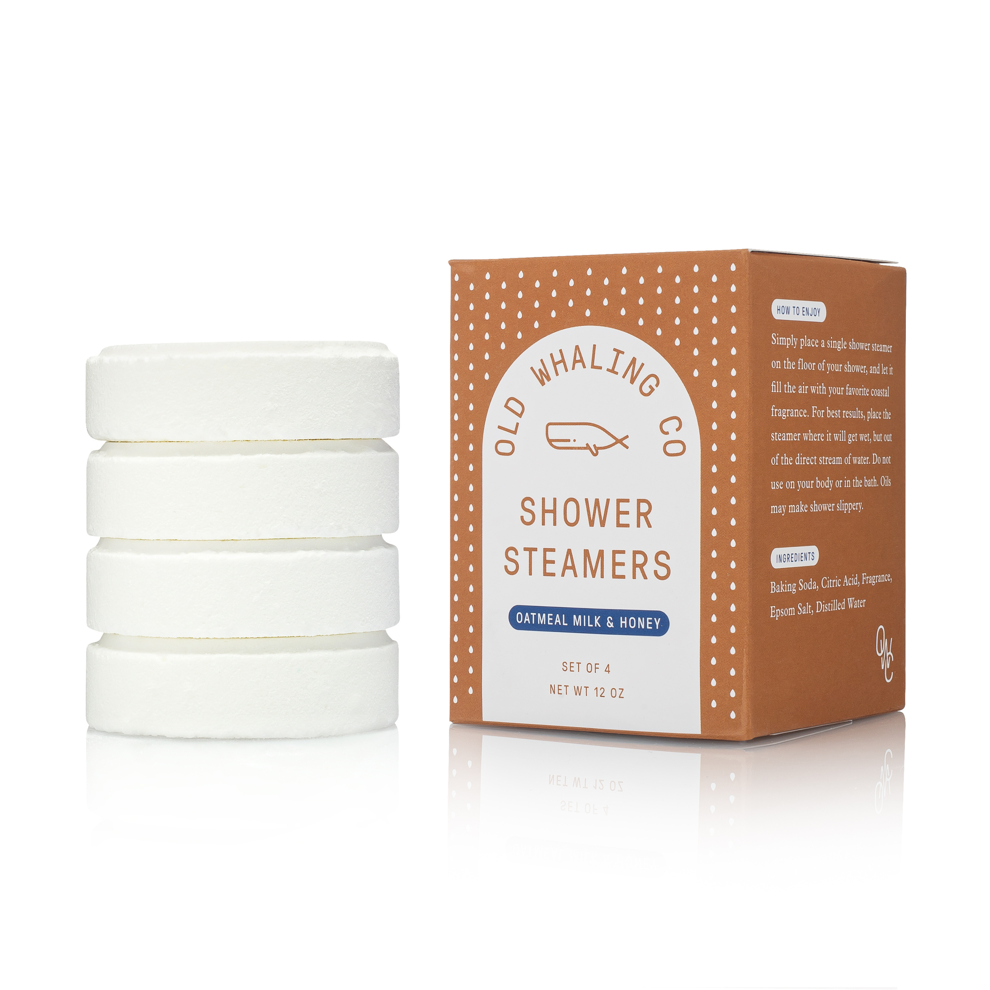 Oatmeal Milk & Honey shower steamers, 4-pack (16 total), 3oz each. Aromatherapy blend of oatmeal, Manuka honey, almond milk, clove, and vanilla.